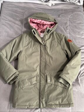 Roxy Girl Olive warm winter parka Jacket with Pink Floral Lining Sz L 14/16